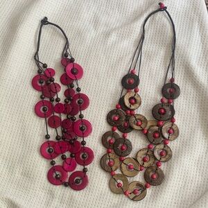 Two Set of Pink and Brown wooden  Layered Necklace